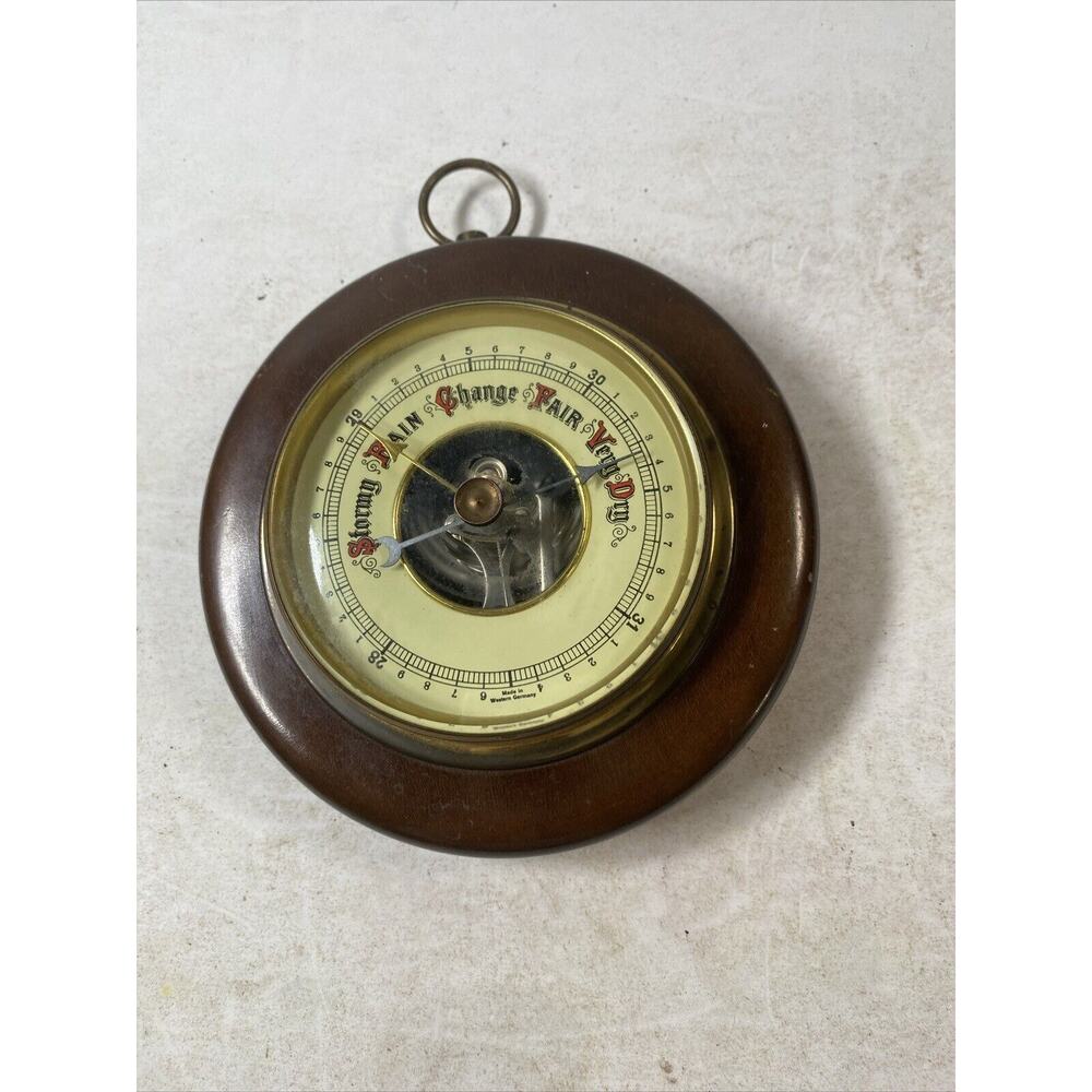 VTG Barometer Round Mahogany & Brass Colored Trim W Germany Untested
